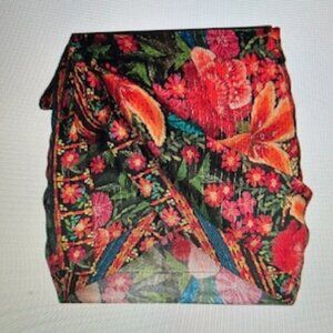 Farm Rio Black Multi Floral Stitched Garden Tapestry Self-tie Waist Miniskirt